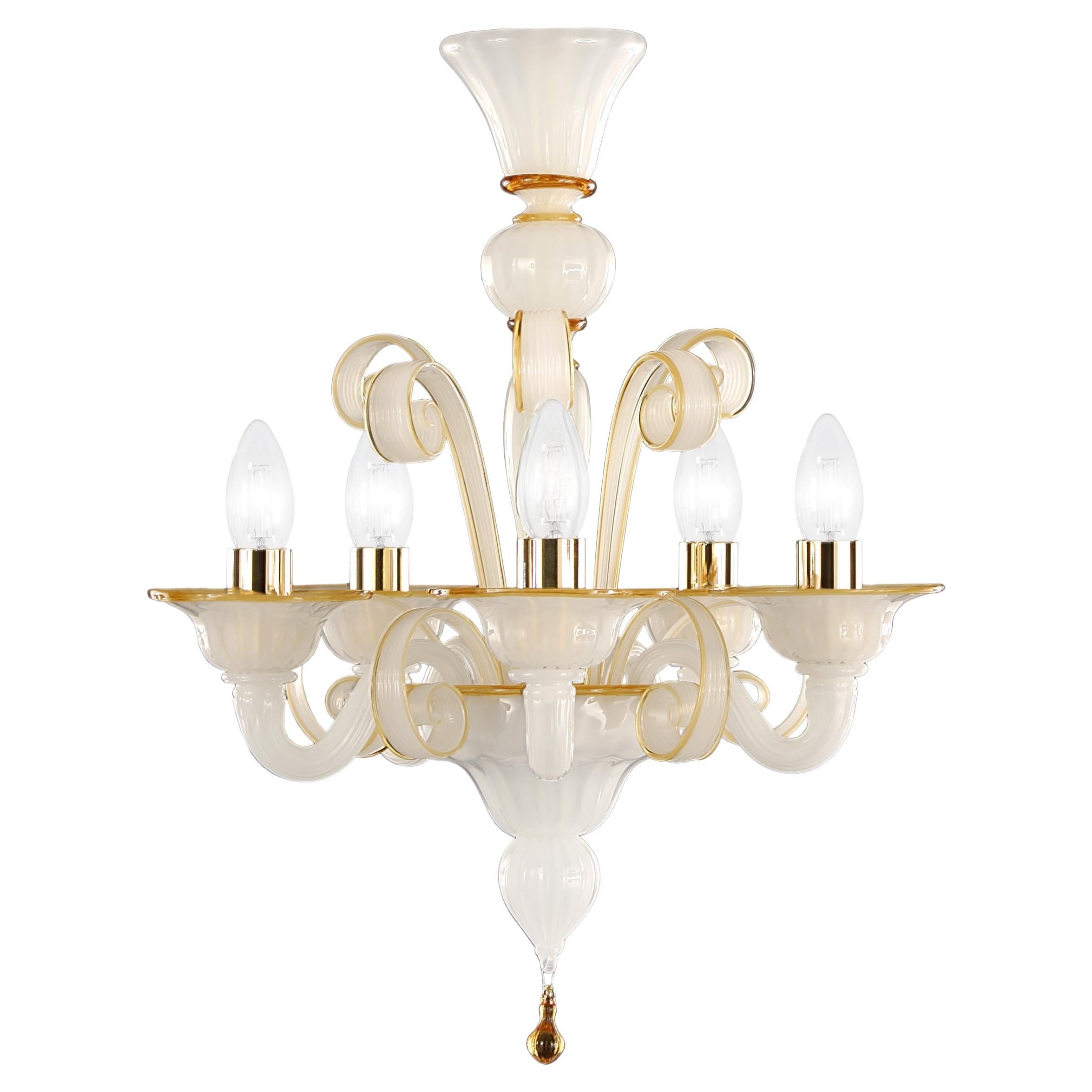 Chandelier 5 Arms White Silk-Gold Murano Glass Capriccio by Multiforme in Stock  For Sale