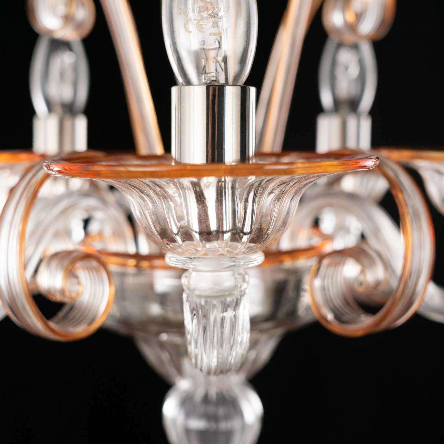 Chandelier 5 Arms Clear Murano Glass, Orange Details by Multiforme For Sale 8