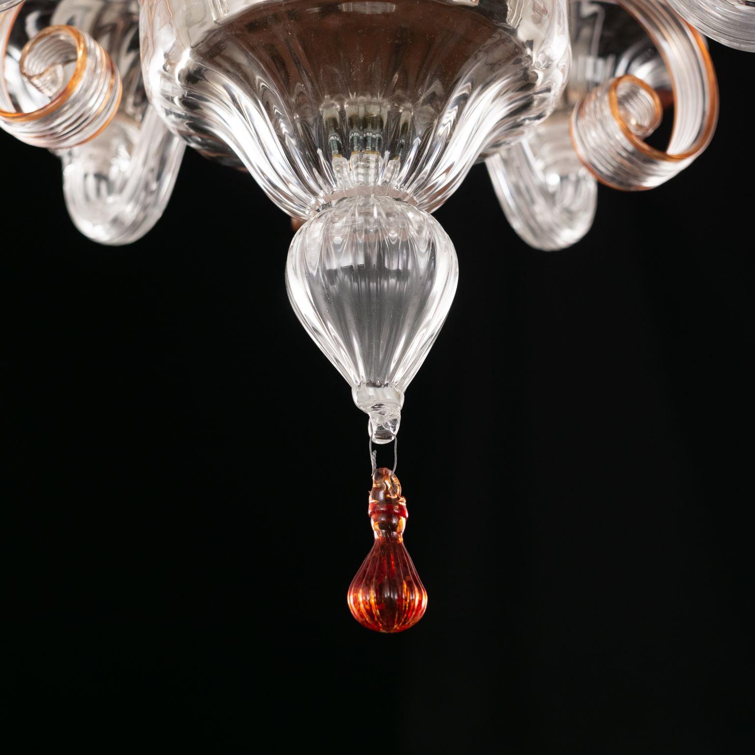 Chandelier 5 Arms Clear Murano Glass, Orange Details by Multiforme For Sale 9