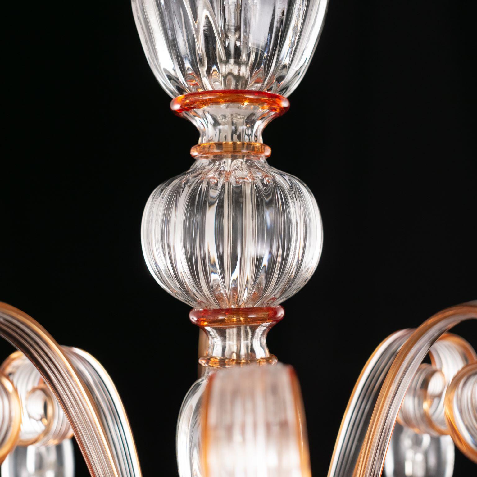 Chandelier 5 Arms Clear Murano Glass, Orange Details by Multiforme For Sale 10