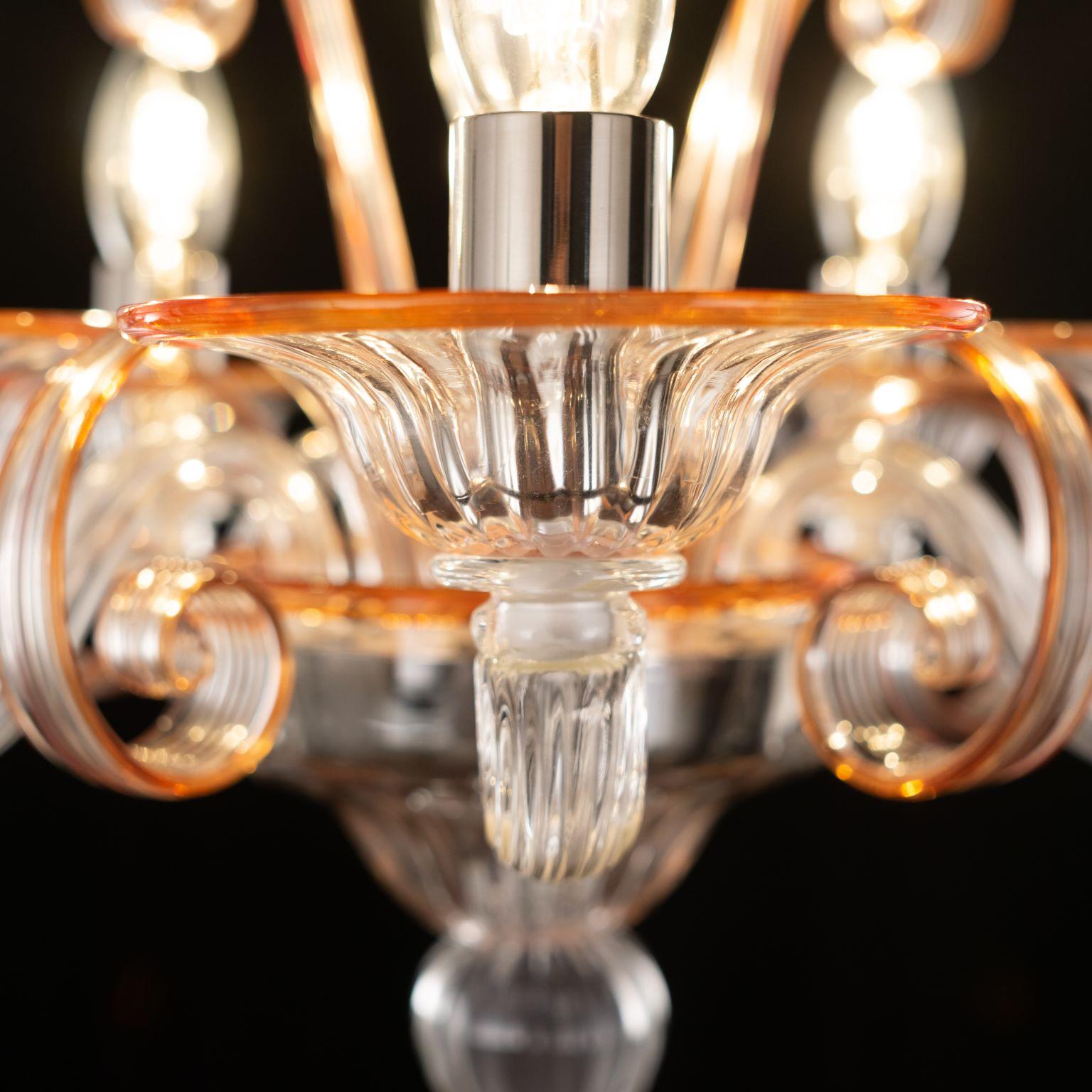 Chandelier 5 Arms Clear Murano Glass, Orange Details by Multiforme For Sale 12