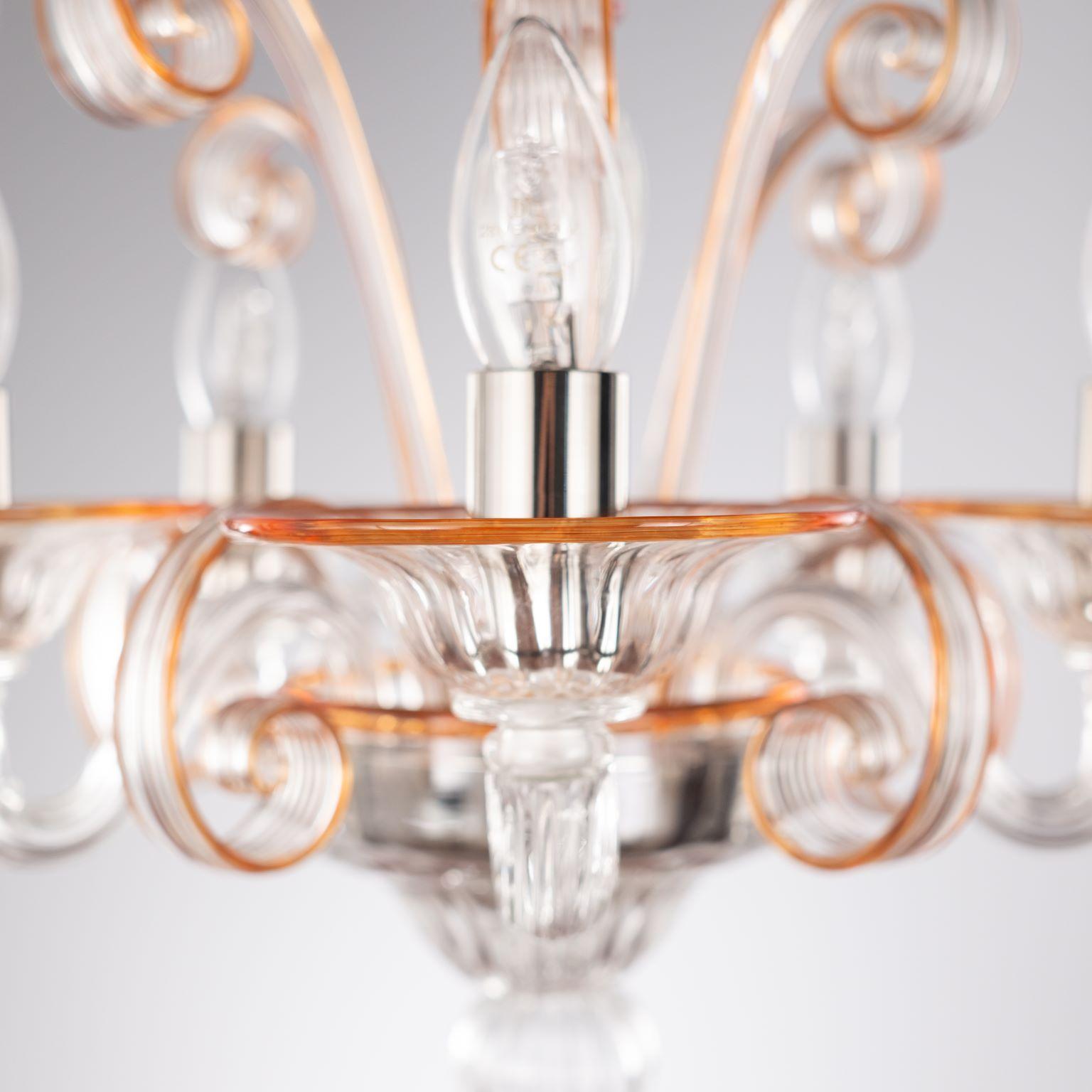 Chandelier 5 Arms Clear Murano Glass, Orange Details by Multiforme In New Condition For Sale In Trebaseleghe, IT