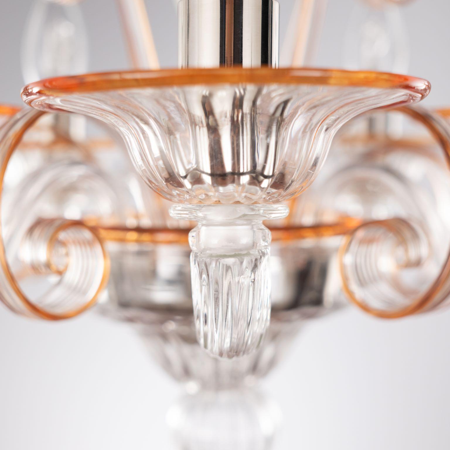 Contemporary Chandelier 5 Arms Clear Murano Glass, Orange Details by Multiforme For Sale