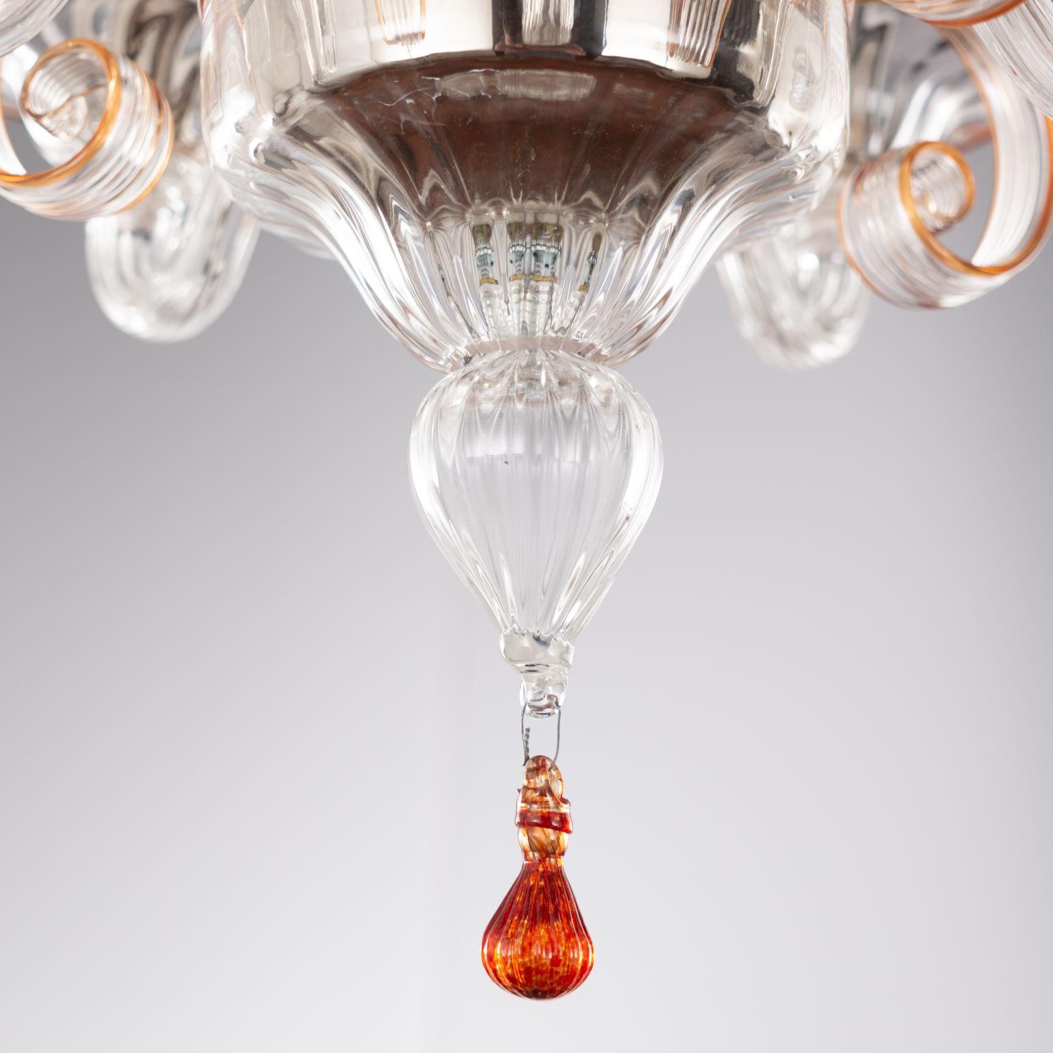 Blown Glass Chandelier 5 Arms Clear Murano Glass, Orange Details by Multiforme For Sale