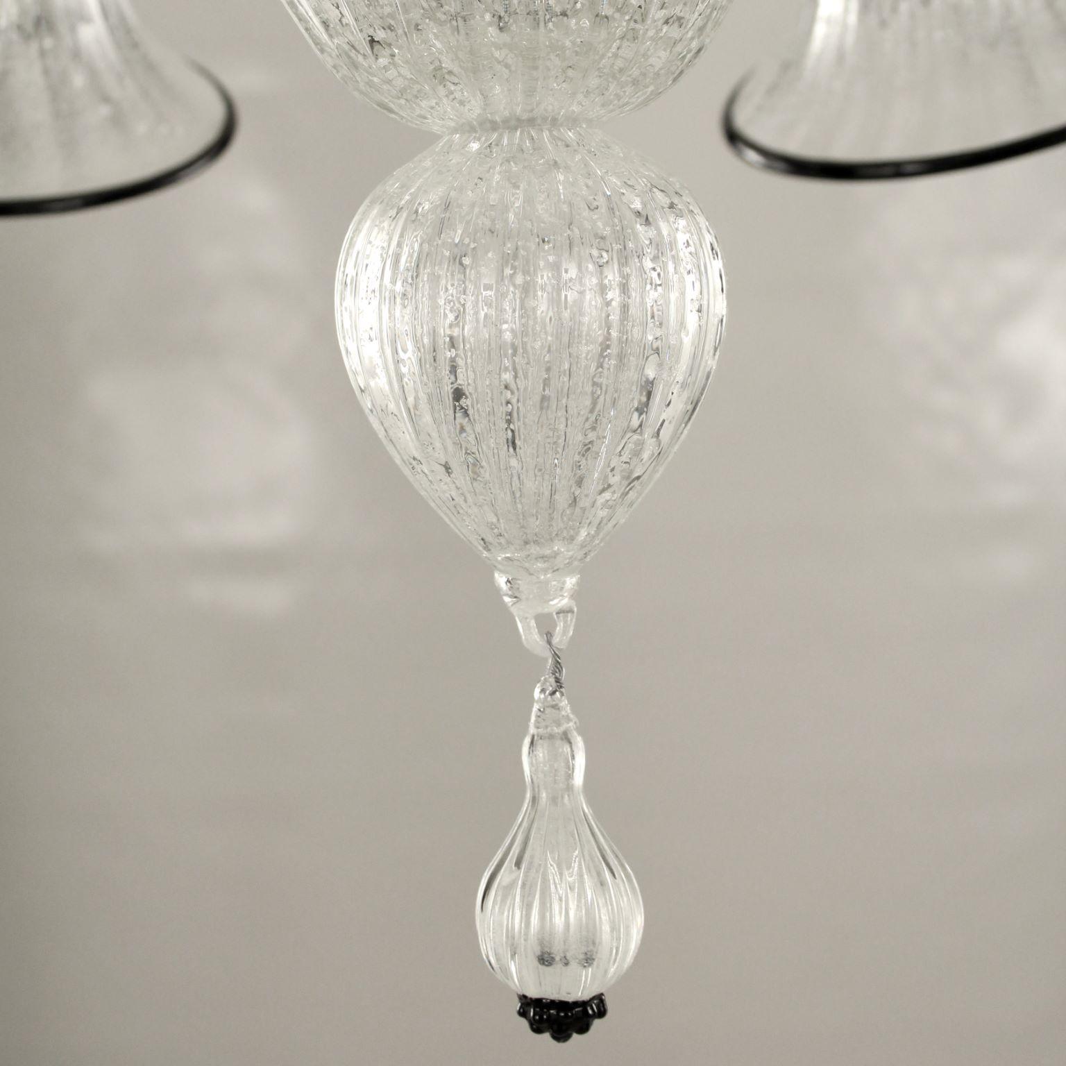 Hand-Crafted Chandelier 6 Arms Clear Silver Leaf Handblown Murano Glass by Multiforme For Sale