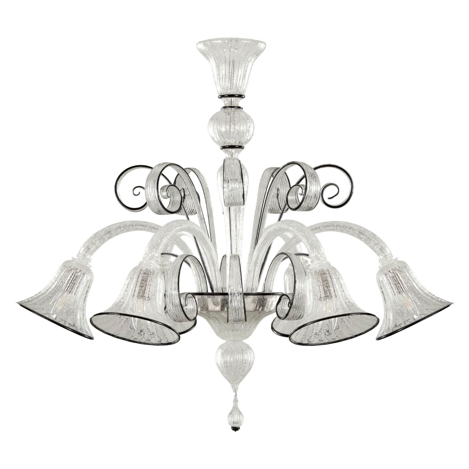 Chandelier 6 Arms Clear Silver Leaf Handblown Murano Glass by Multiforme For Sale