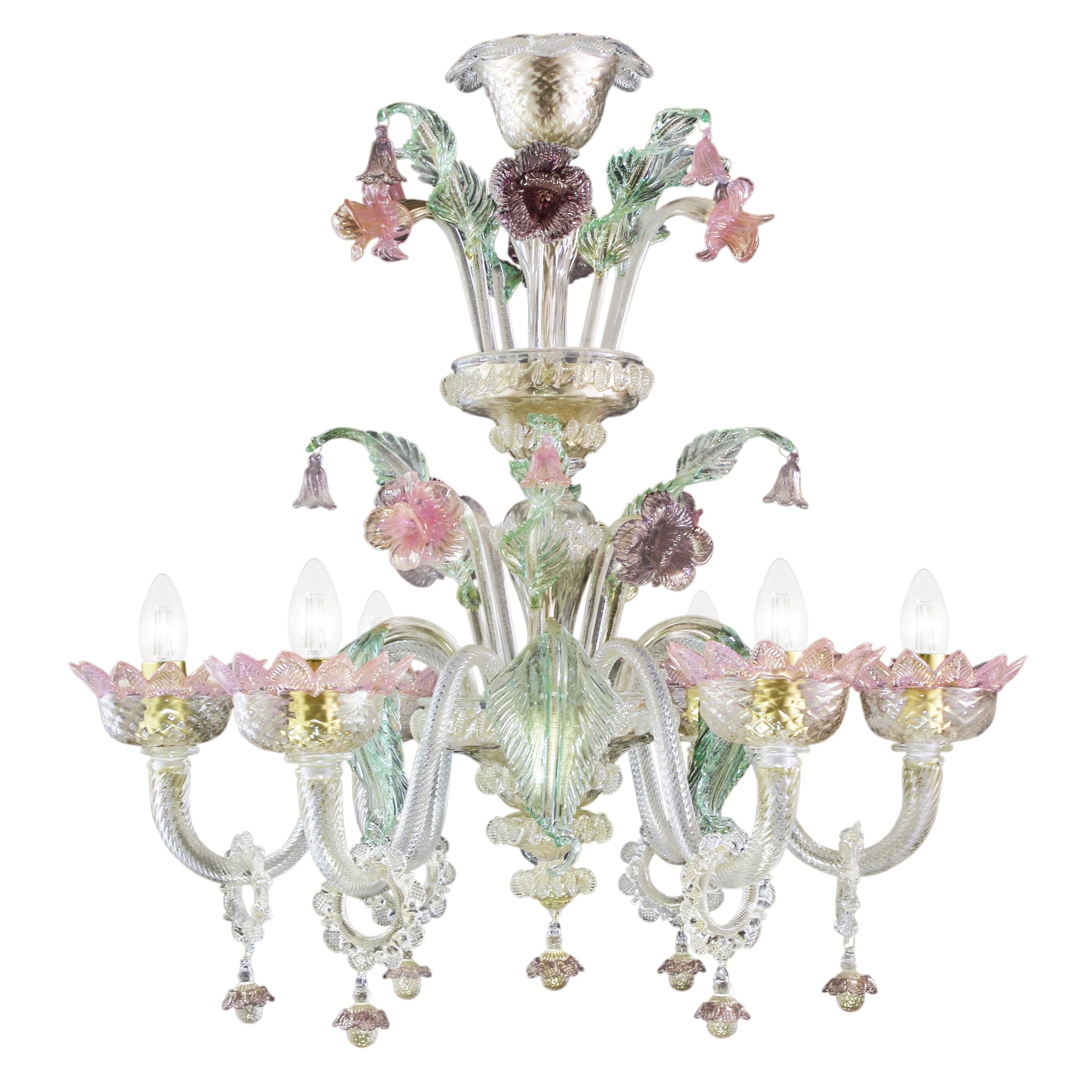 Blown Glass Chandelier 6Arms gold Glass details pink, green, amethyst by Multiforme in stock For Sale