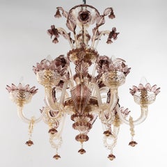 Kronleuchter mit 6 Armen aus Goldglas mit Amethystdetails von Multiforme, auf Lager