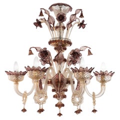 Lampadario a 6 bracci in vetro dorato con dettagli in ametista di Multiforme in stock