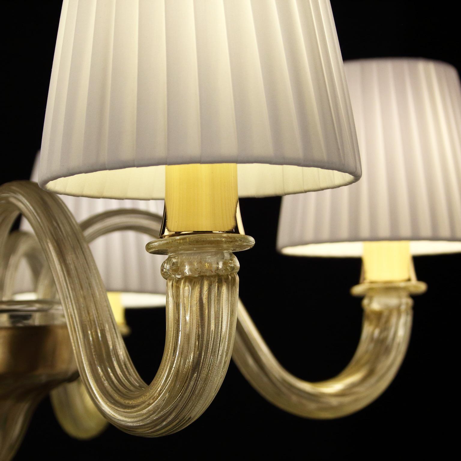 Other Chandelier 6 Arms Gold Murano Glass, White Lampshades Chapeau by Multiforme For Sale