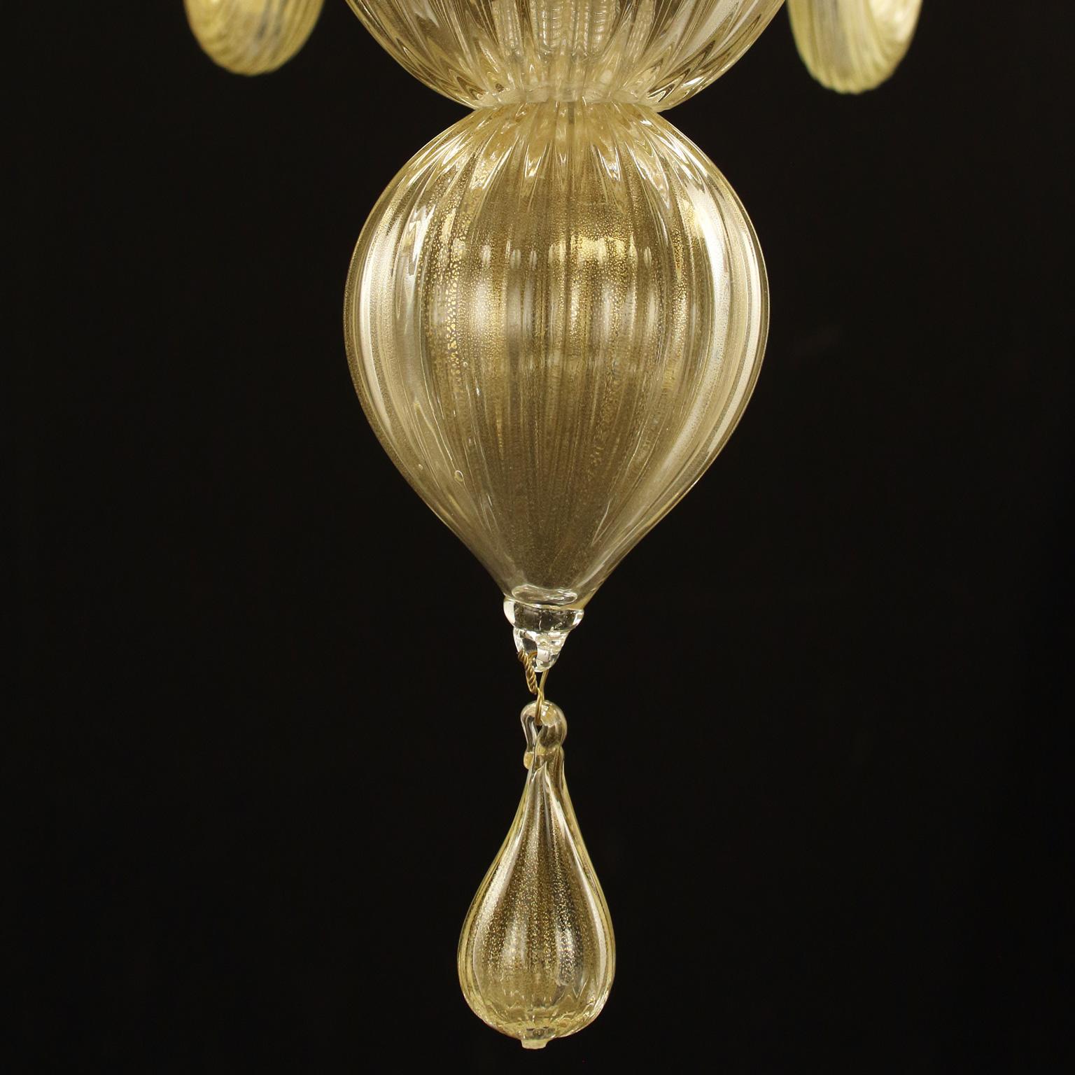 Italian Chandelier 6 Arms Gold Murano Glass, White Lampshades Chapeau by Multiforme For Sale