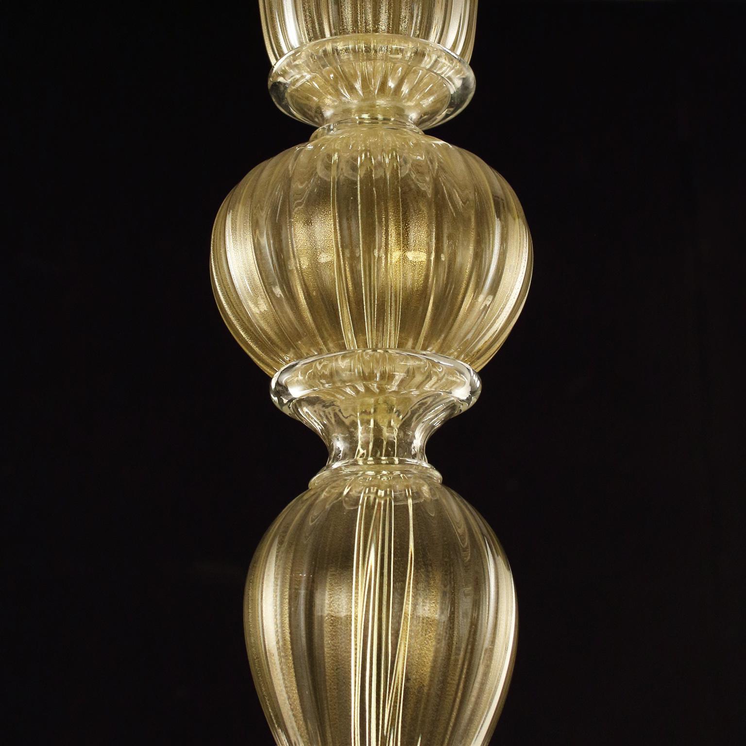 Contemporary Chandelier 6 Arms Gold Murano Glass, White Lampshades Chapeau by Multiforme For Sale