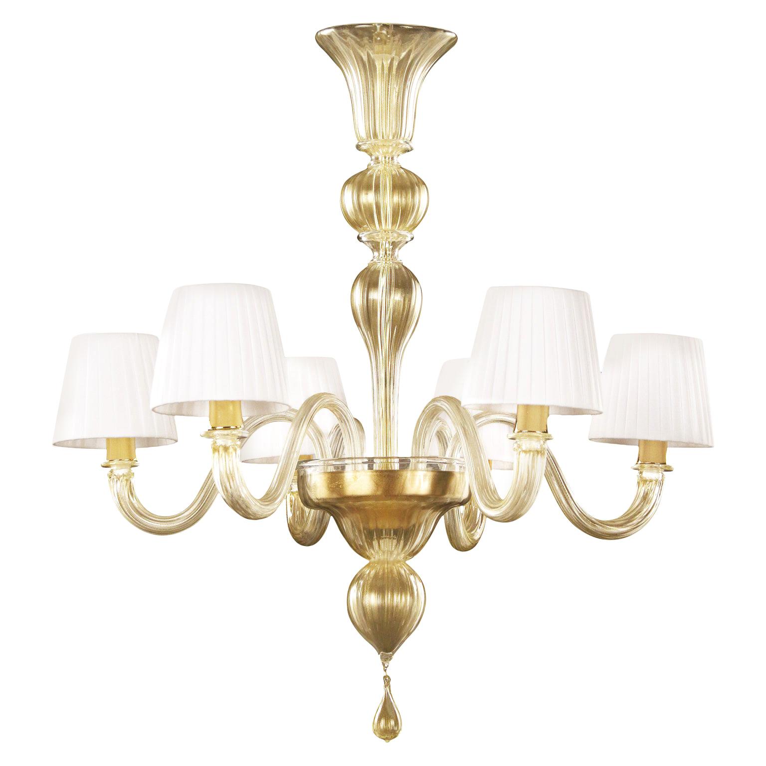 Chandelier 6 Arms Gold Murano Glass, White Lampshades Chapeau by Multiforme For Sale