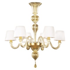 Chandelier 6 Arms Gold Murano Glass, White Lampshades Chapeau by Multiforme