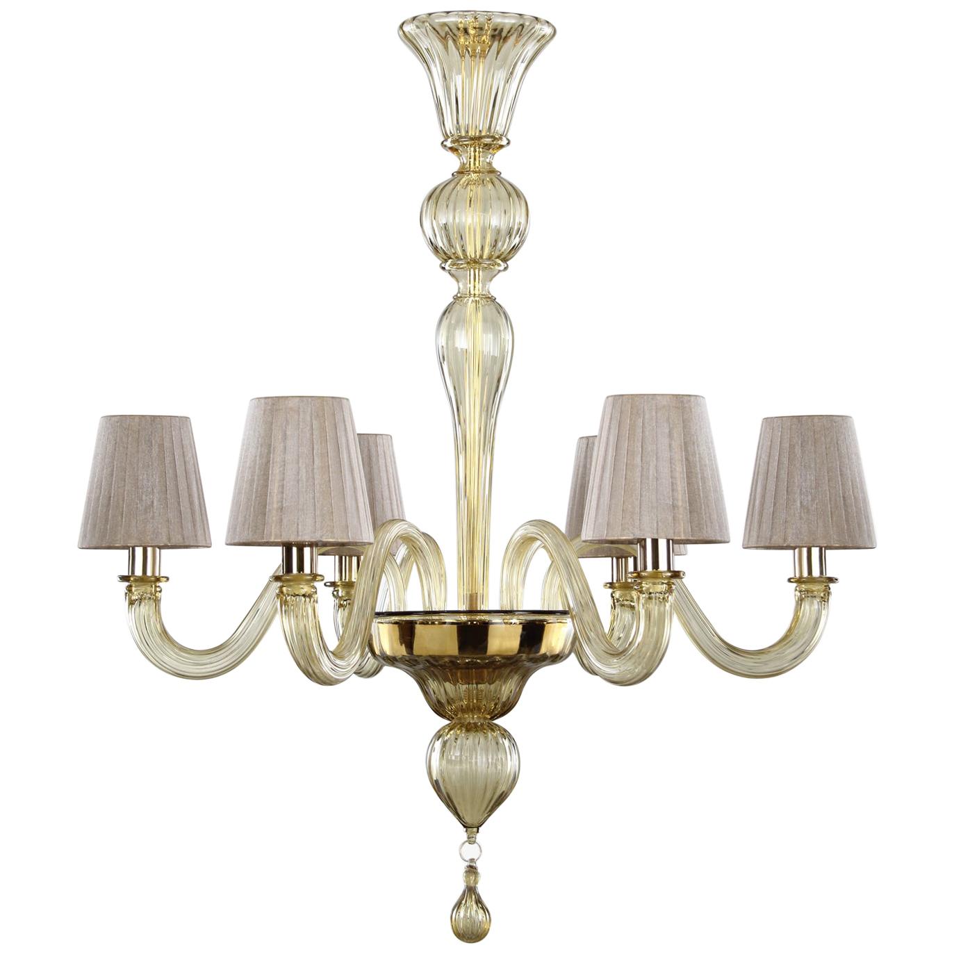 Chandelier 6 Arms Smoky Quartz Murano Glass, Lampshades Chapeau by Multiforme