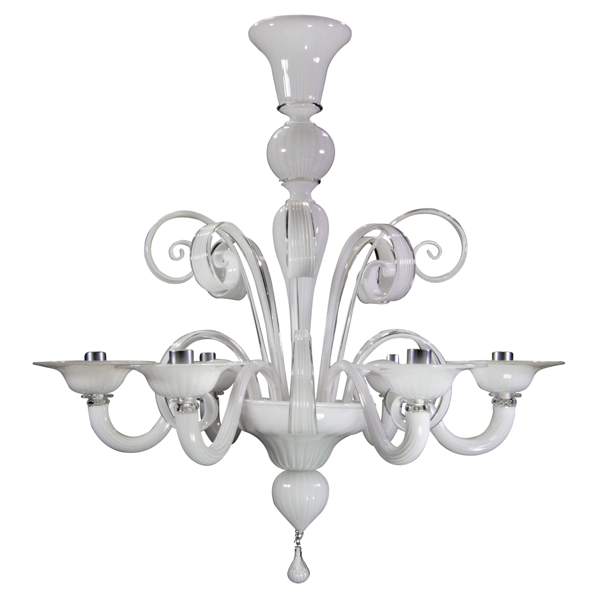 Lustre à 6 bras en verre de Murano blanc artistique soufflé à la bouche par Multiforme