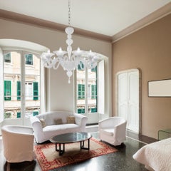 Chandelier, 6 Arms White Silk and Gold Murano Glass by Multiforme in Stock