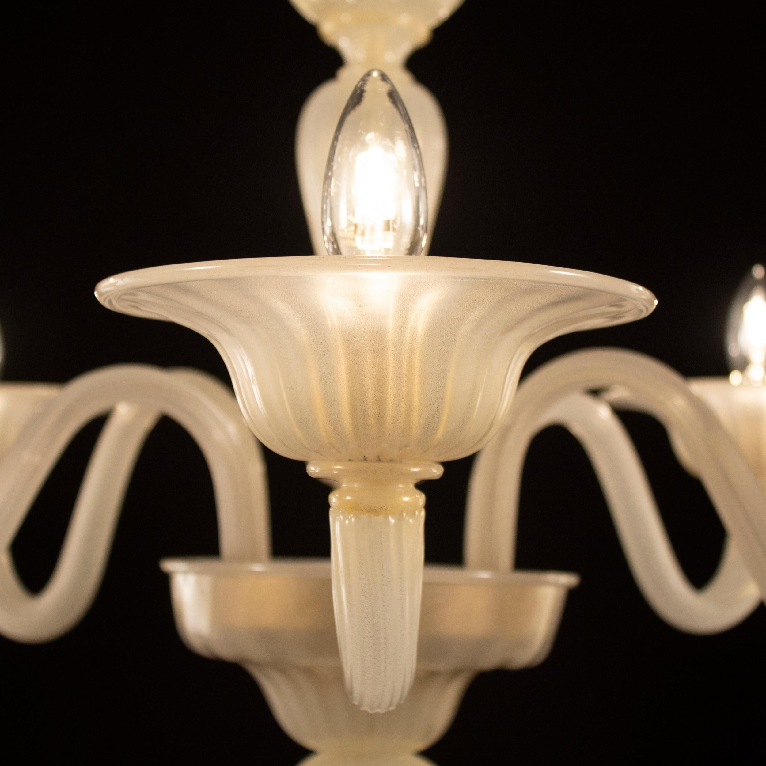 Italian Chandelier, 6 Arms White Silk and Gold Murano Glass by Multiforme in Stock For Sale