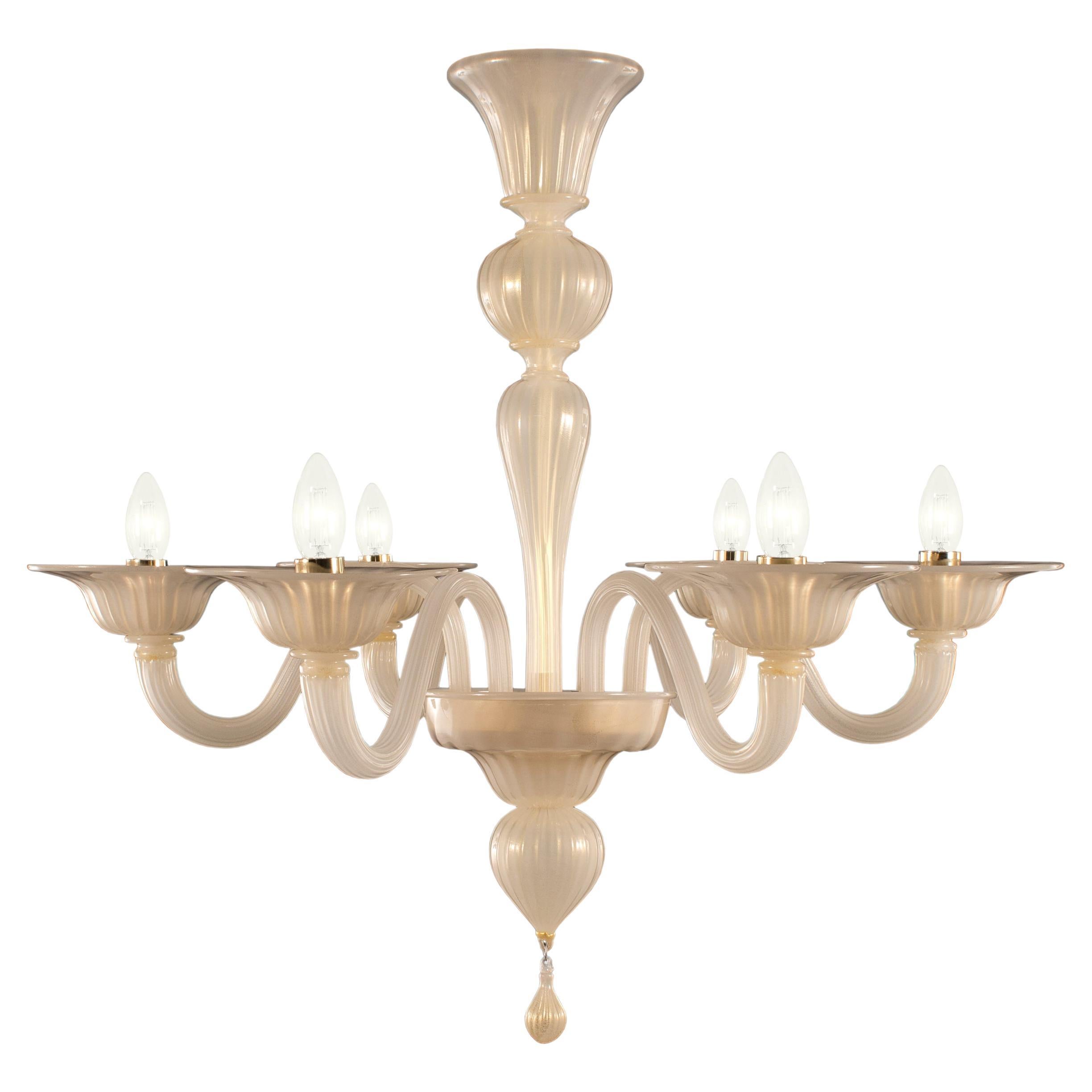 Chandelier, 6 Arms White Silk and Gold Murano Glass by Multiforme in Stock