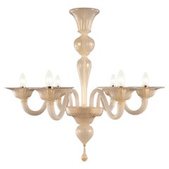 Chandelier, 6 Arms White Silk and Gold Murano Glass by Multiforme in Stock