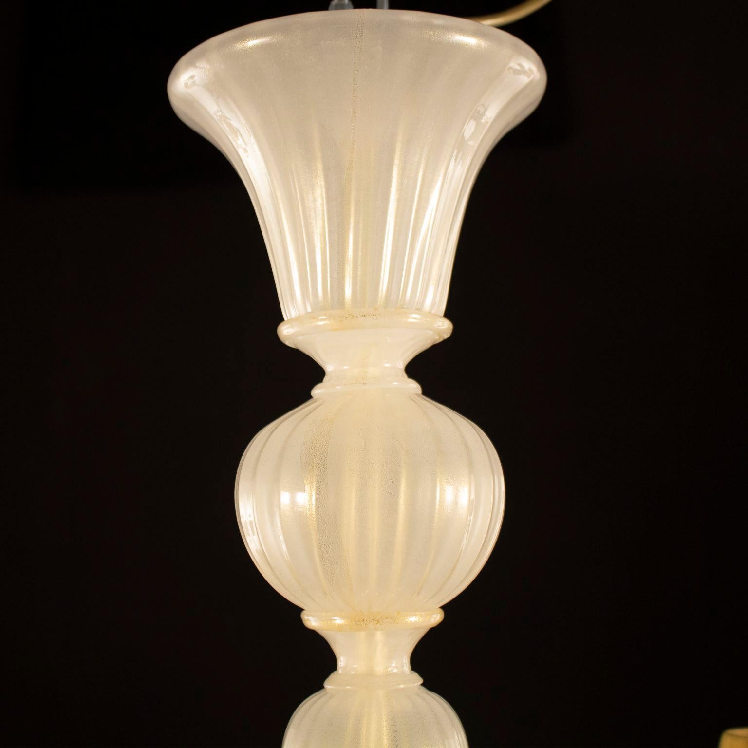 Blown Glass Chandelier 6 Arms White Silk and Gold Murano Glass, Chapeau by Multiforme For Sale