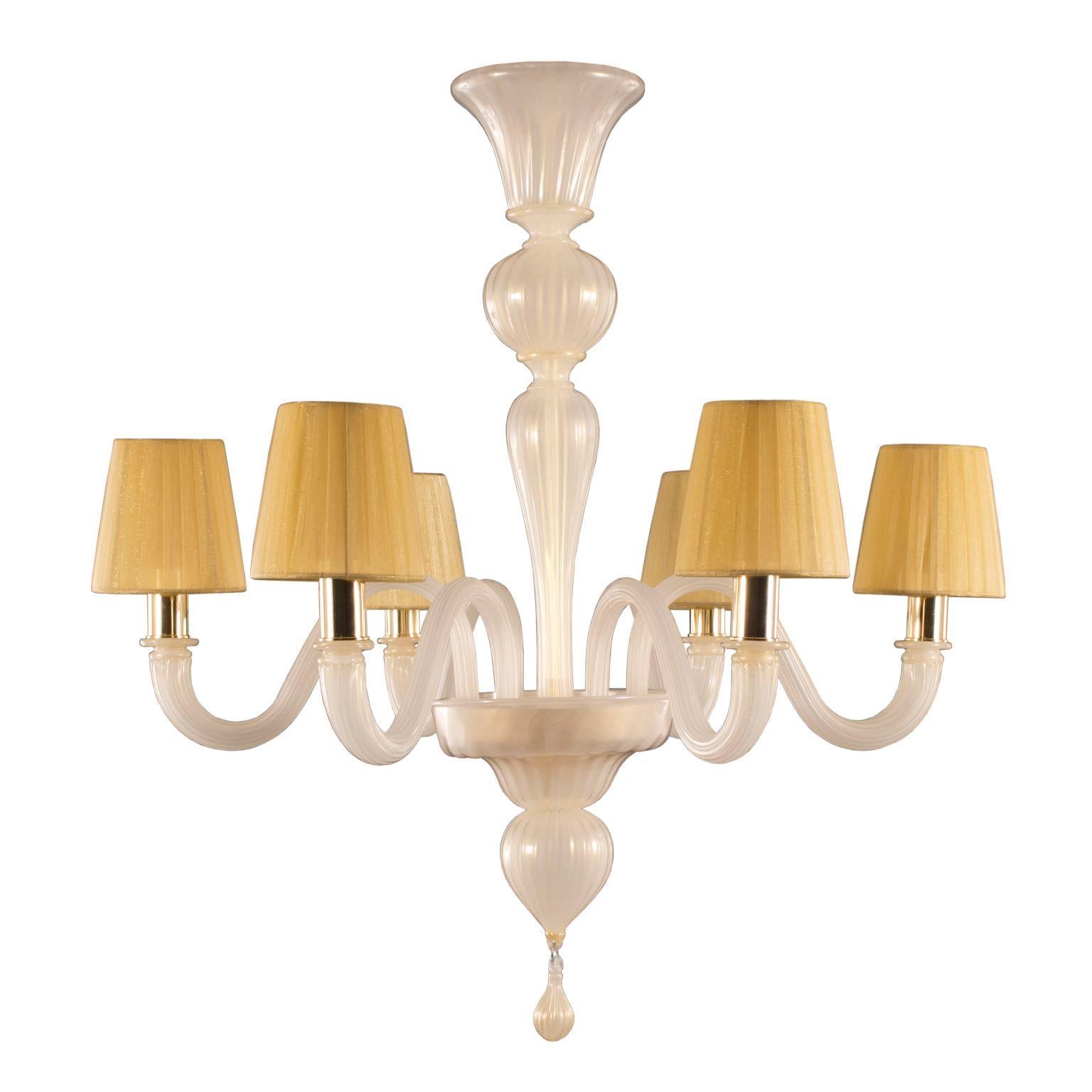Chandelier 6 Arms White Silk and Gold Murano Glass, Chapeau by Multiforme For Sale