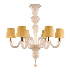 Chandelier 6 Arms White Silk and Gold Murano Glass, Chapeau by Multiforme
