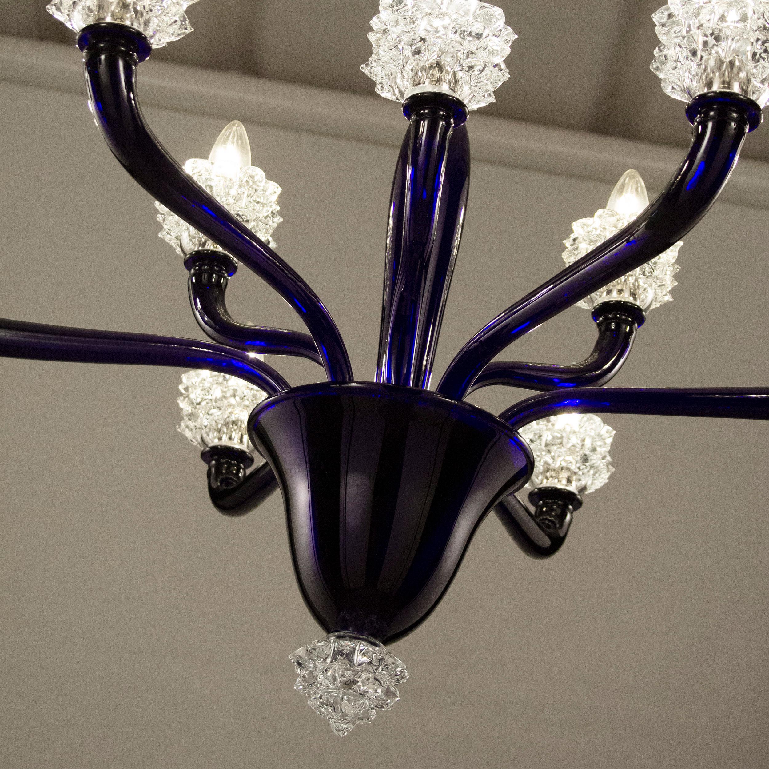 Blown Glass Chandelier 6+3 Arms Blue-Clear Murano Glass Diamante by Multiforme For Sale
