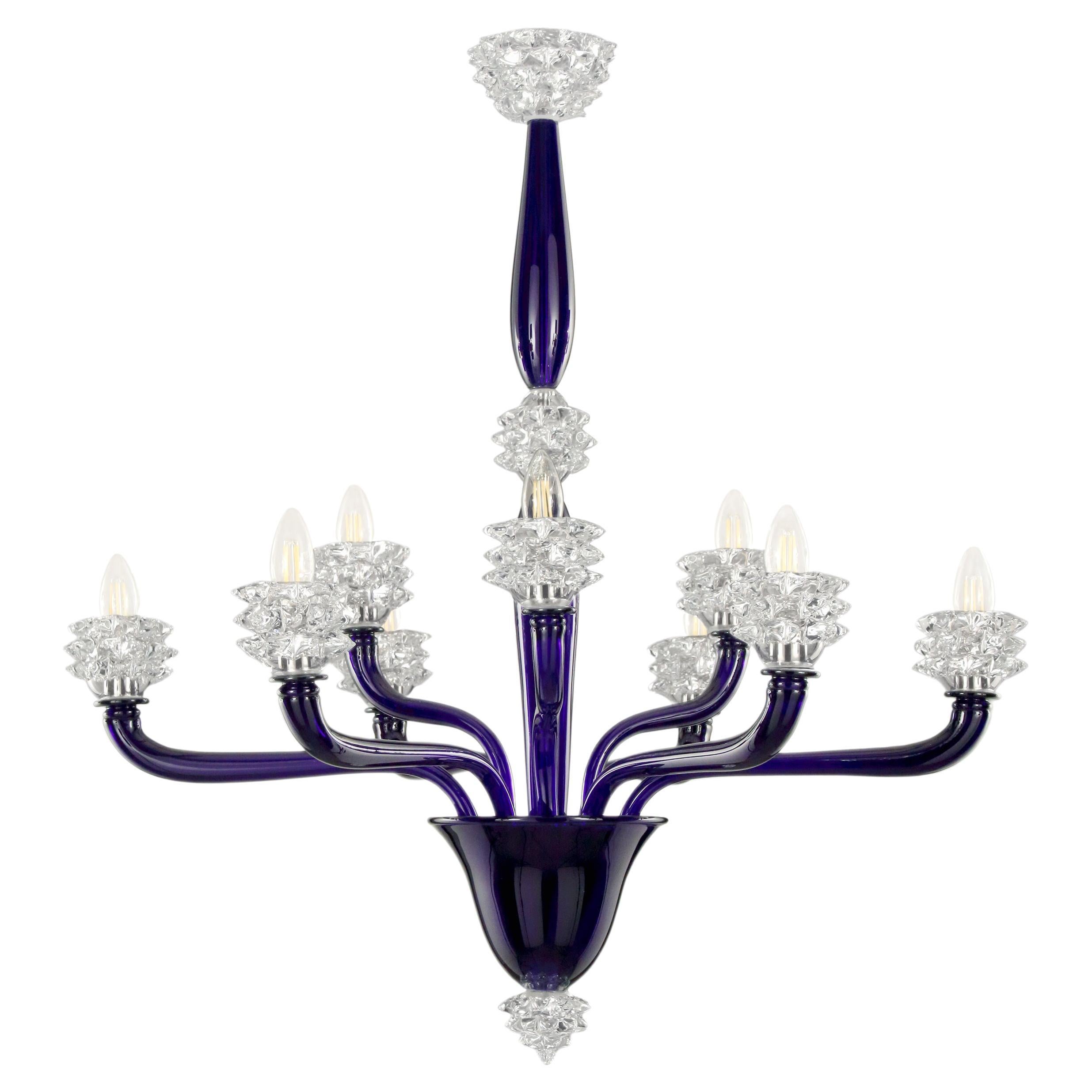 Chandelier 6+3 Arms Blue-Clear Murano Glass Diamante by Multiforme For Sale