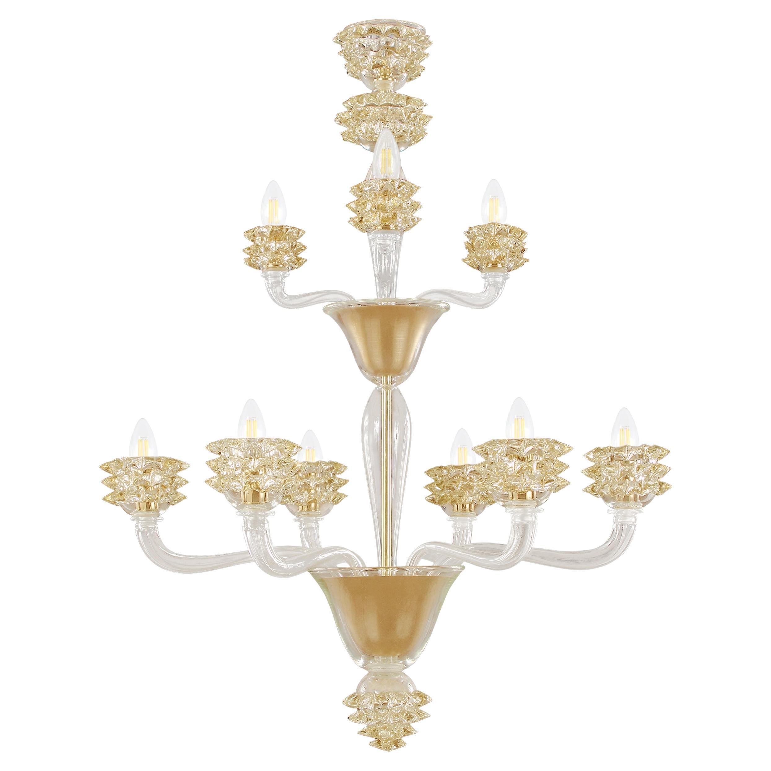 Chandelier 6+3 Arms Clear-Gold Murano Glass Diamante by Multiforme For Sale