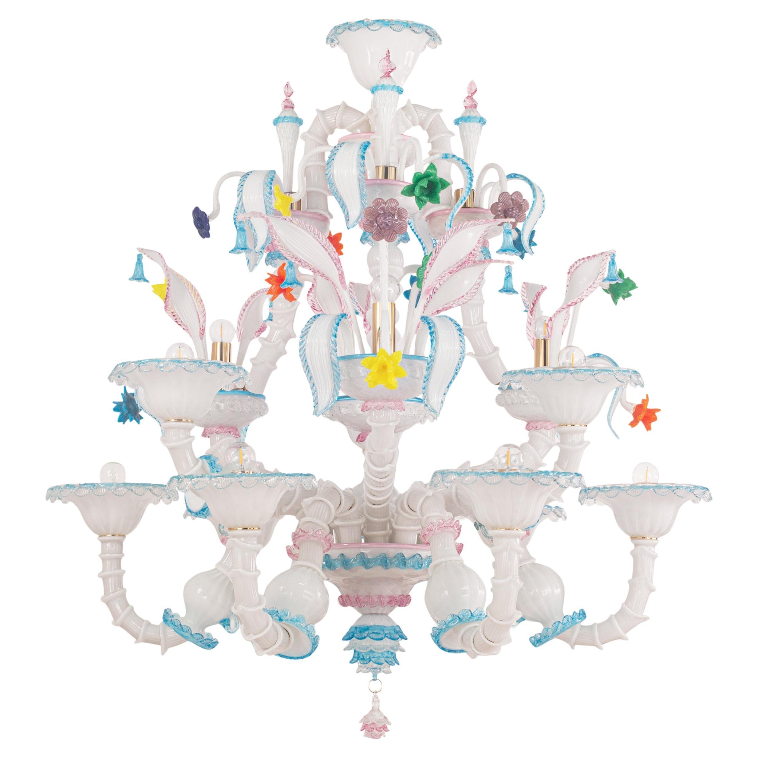 Chandelier 6+3+3 arms Murano white glass multicolour details Multiforme in Stock