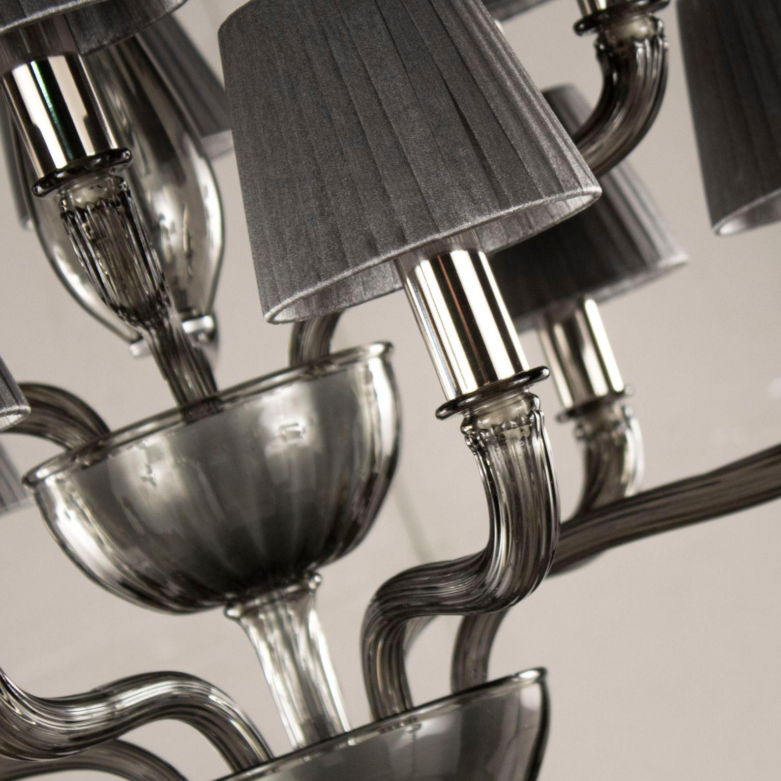 Italian Chandelier 6+6 Arms Dark Grey Murano Glass Grey Lampshades by Multiforme For Sale