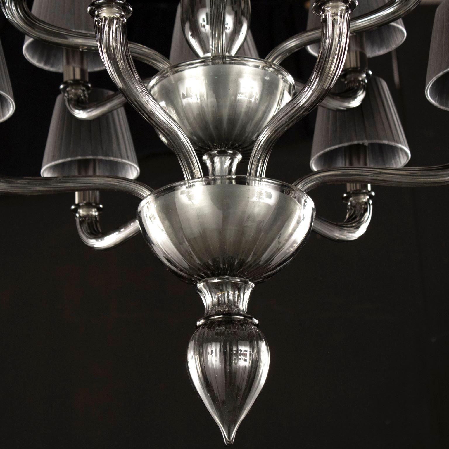 Chandelier 6+6 Arms Dark Grey Murano Glass Grey Lampshades by Multiforme In New Condition For Sale In Trebaseleghe, IT