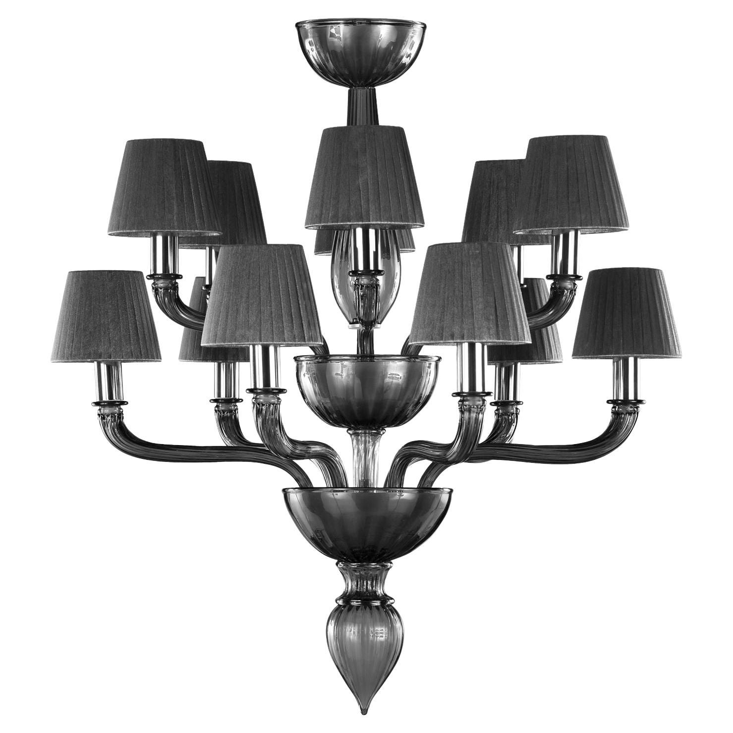 Chandelier 6+6 Arms Dark Grey Murano Glass Grey Lampshades by Multiforme