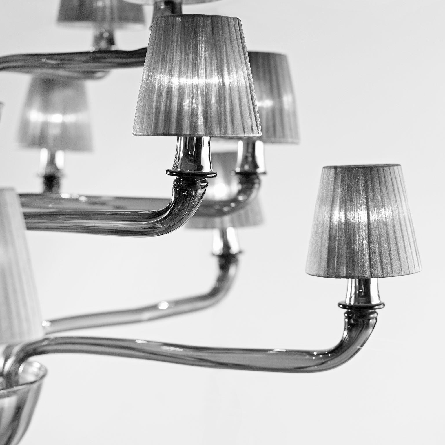 Blown Glass Chandelier 18 Arms Dark Grey Murano Glass Grey Lampshades by Multiforme in stock For Sale