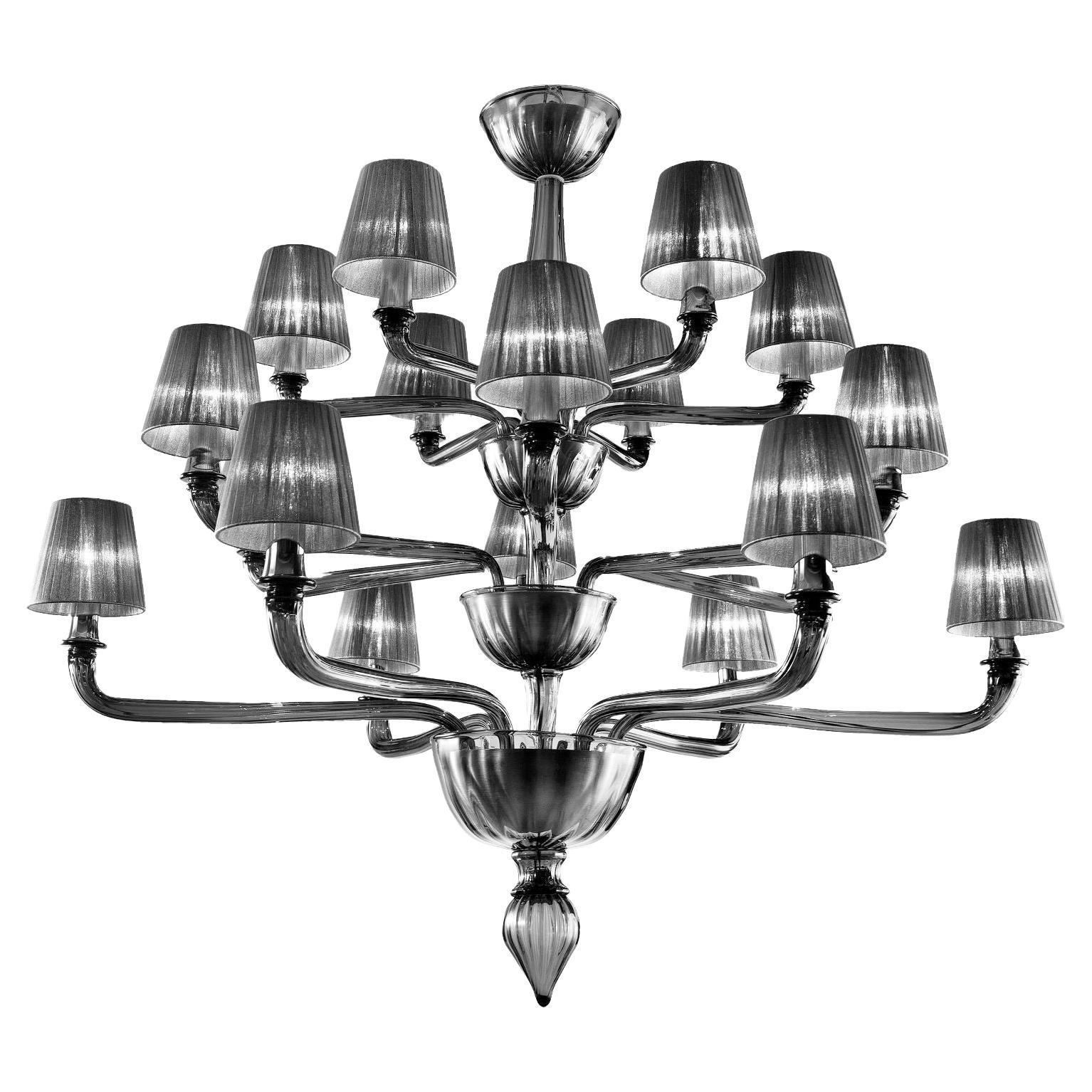 Chandelier 18 Arms Dark Grey Murano Glass Grey Lampshades by Multiforme in stock For Sale