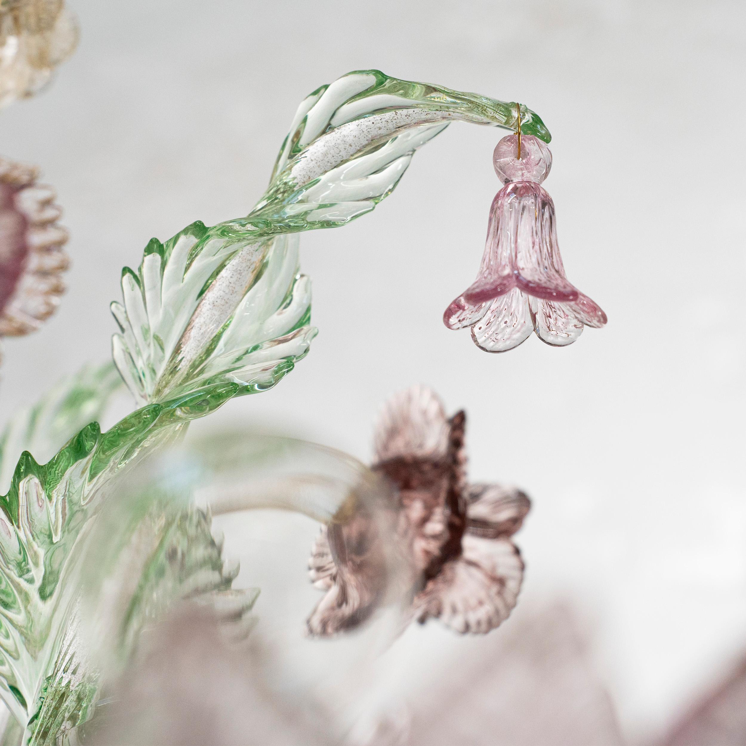Other Chandelier 6Arms gold Glass details pink, green, amethyst by Multiforme For Sale