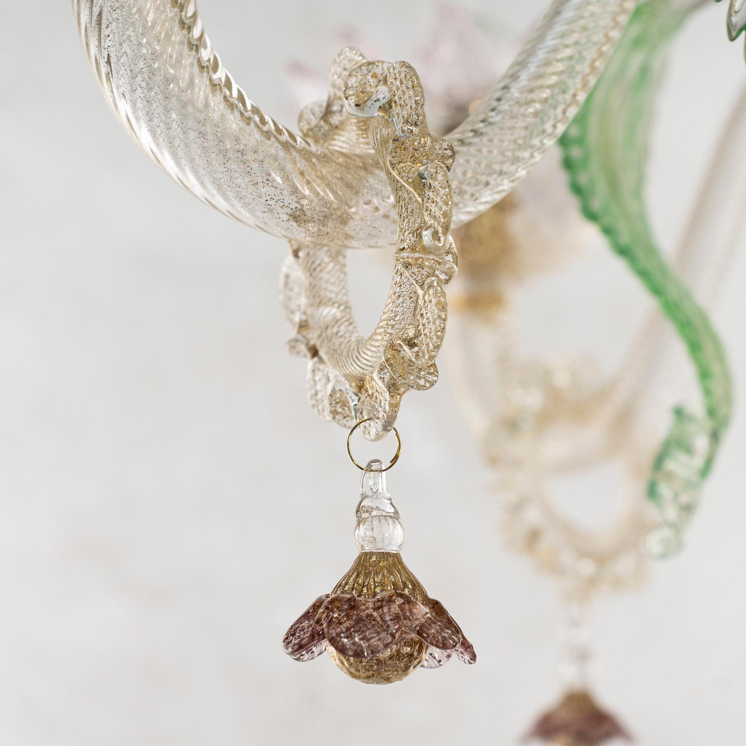 Italian Chandelier 6Arms gold Glass details pink, green, amethyst by Multiforme For Sale