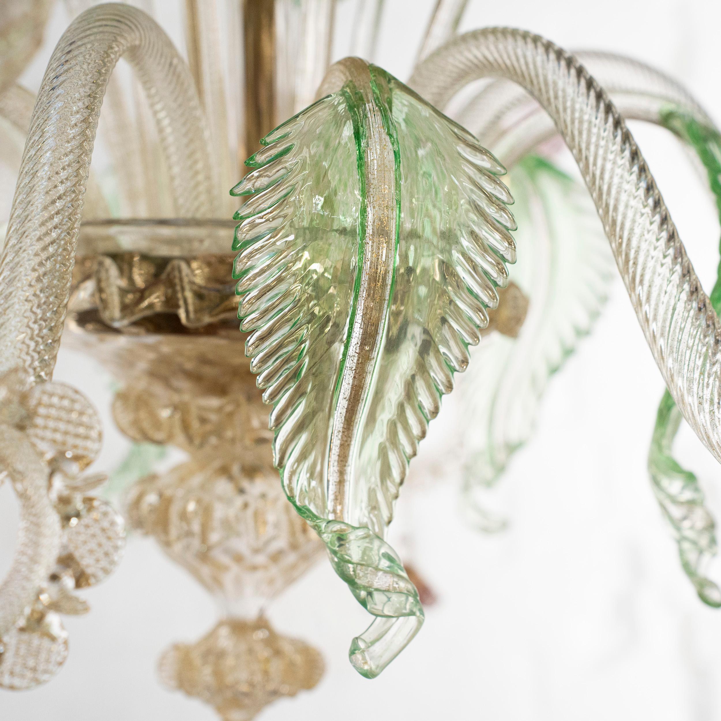 Chandelier 6Arms gold Glass details pink, green, amethyst by Multiforme In New Condition For Sale In Trebaseleghe, IT