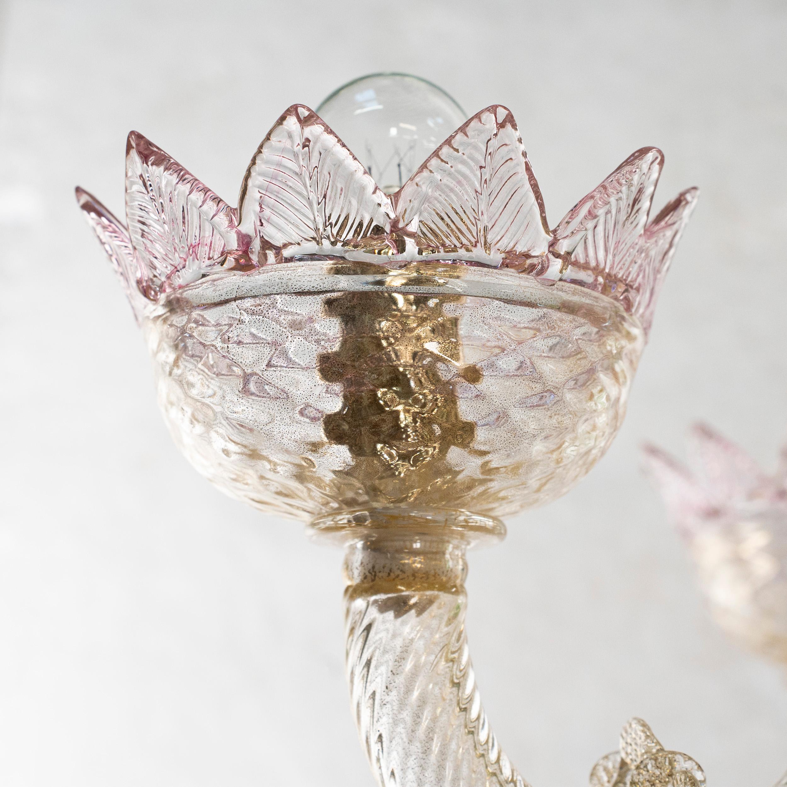 Contemporary Chandelier 6Arms gold Glass details pink, green, amethyst by Multiforme For Sale