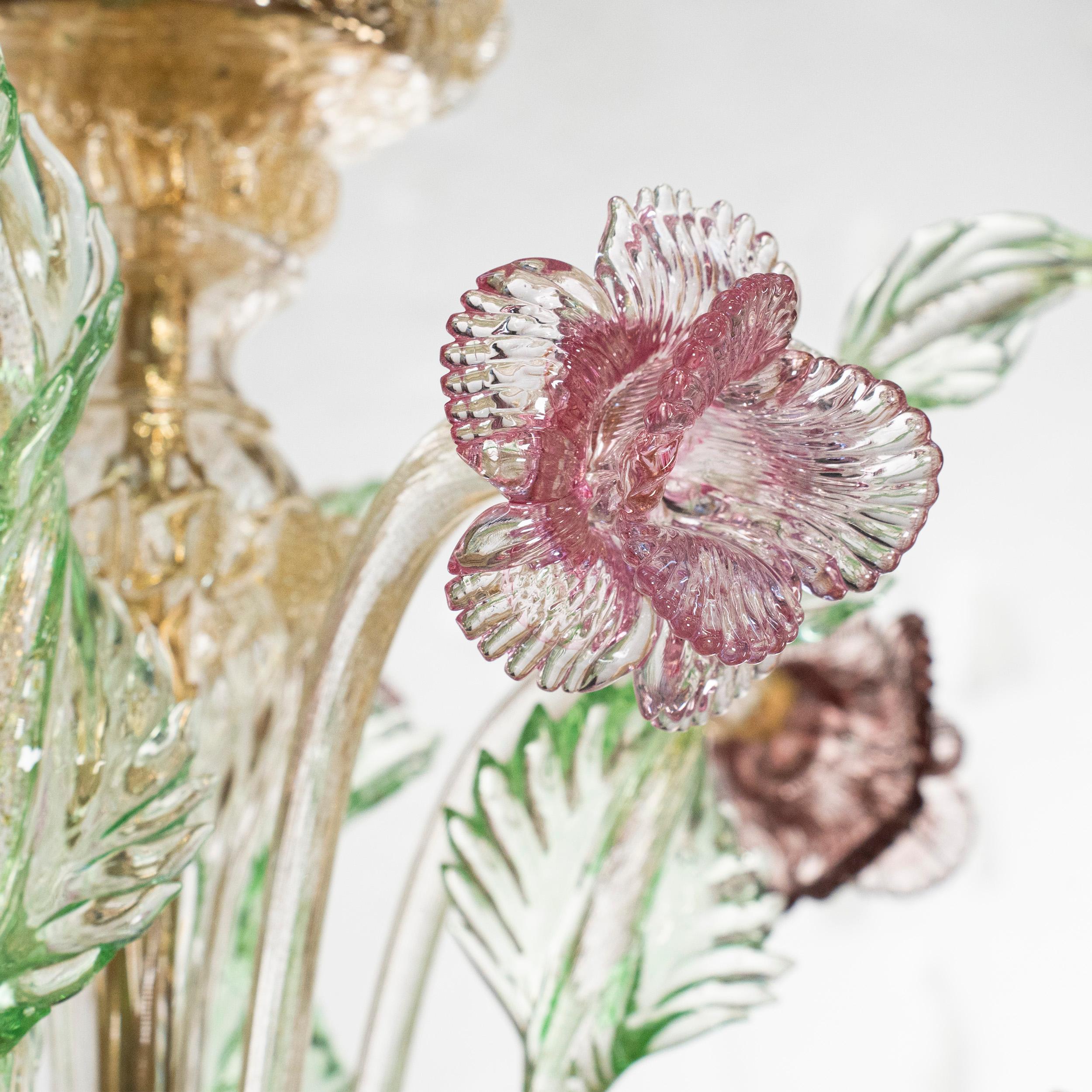 Blown Glass Chandelier 6Arms gold Glass details pink, green, amethyst by Multiforme For Sale