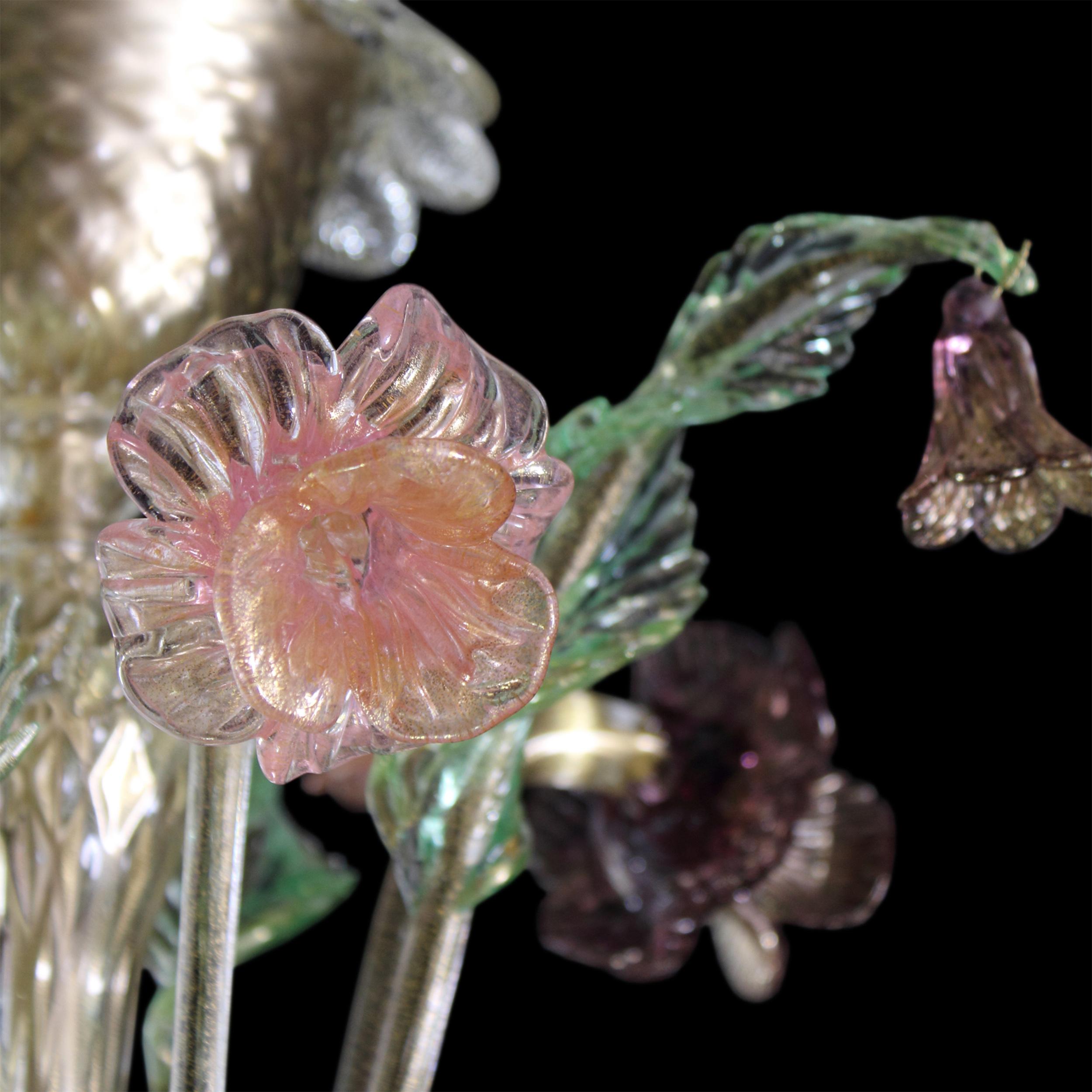 Chandelier 6Arms gold Glass details pink, green, amethyst by Multiforme For Sale 1