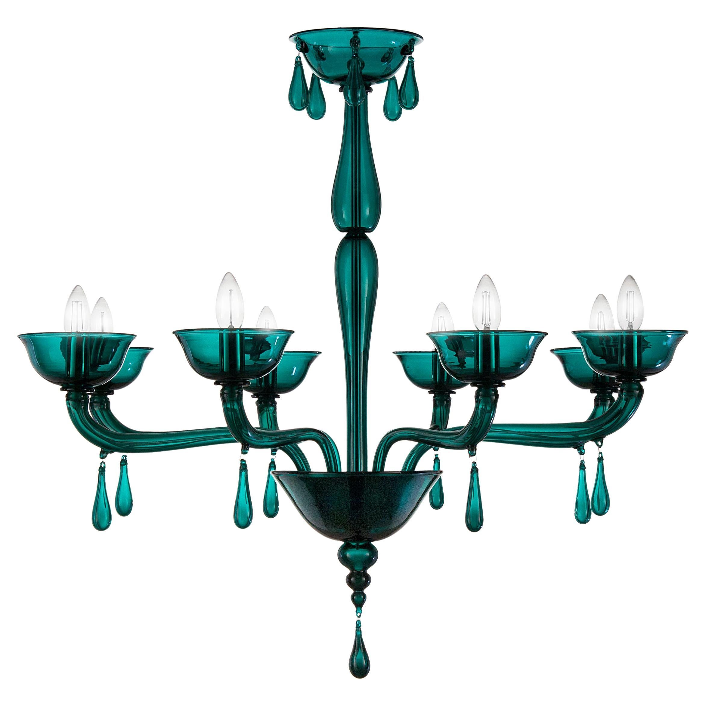 Chandelier 8 Arms Green Marine Smooth Murano Portofino by Multiforme