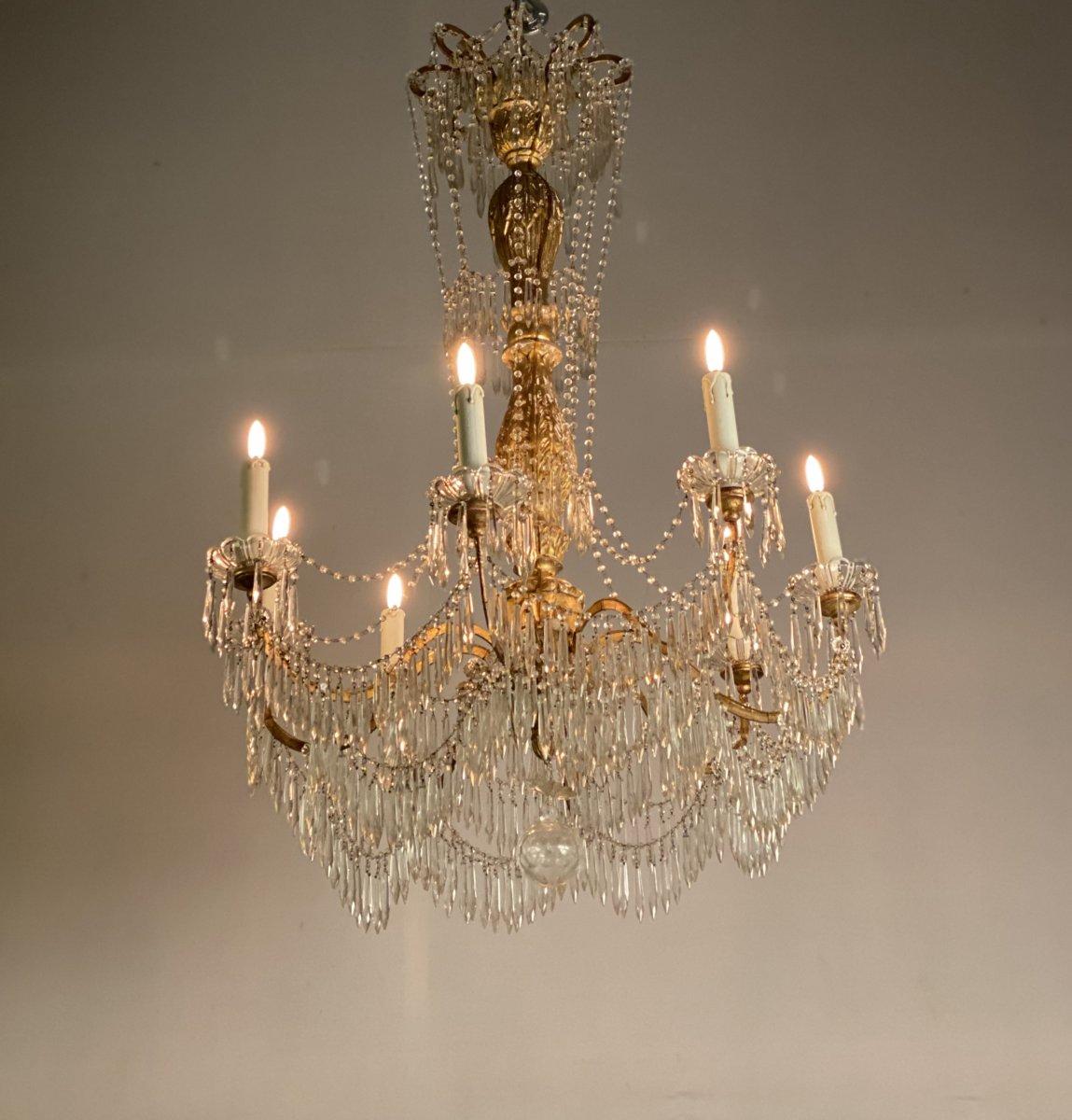 Chandelier 8 Arms of Light, Tassels and Golden Wood, Italy, Early 20th Century 4