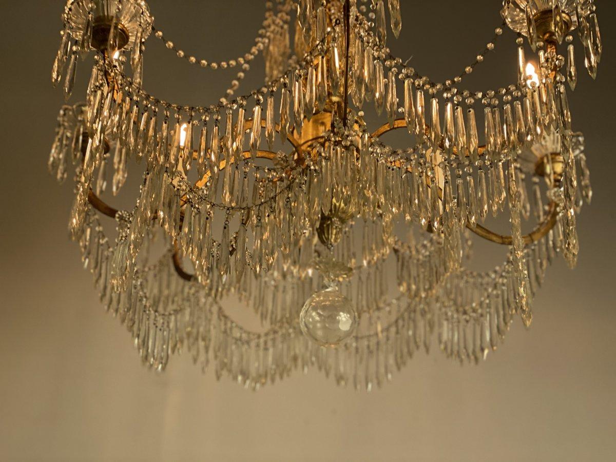 Chandelier 8 Arms of Light, Tassels and Golden Wood, Italy, Early 20th Century 5