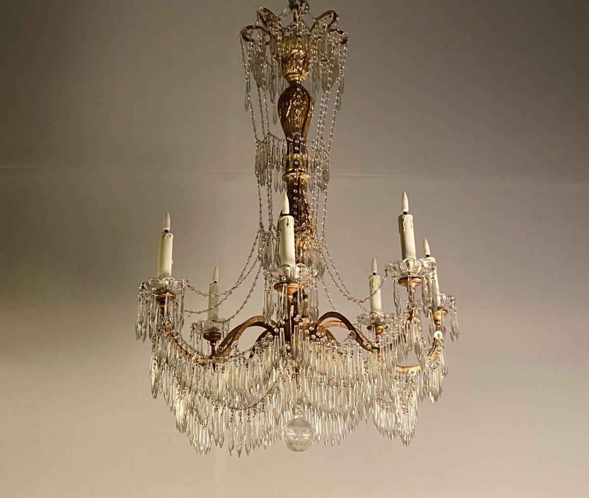 French Chandelier 8 Arms of Light, Tassels and Golden Wood, Italy, Early 20th Century