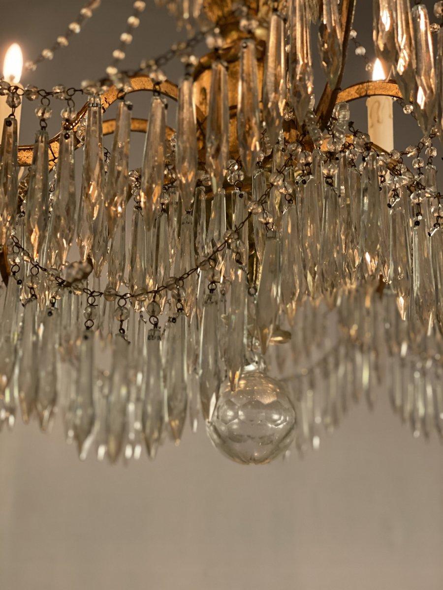 Chandelier 8 Arms of Light, Tassels and Golden Wood, Italy, Early 20th Century In Excellent Condition In Honnelles, WHT