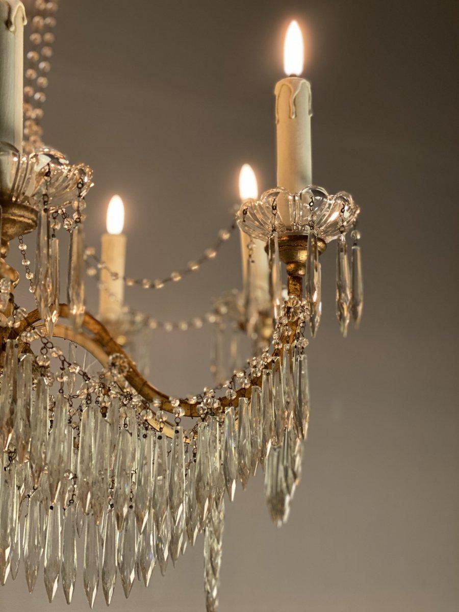 Chandelier 8 Arms of Light, Tassels and Golden Wood, Italy, Early 20th Century 1