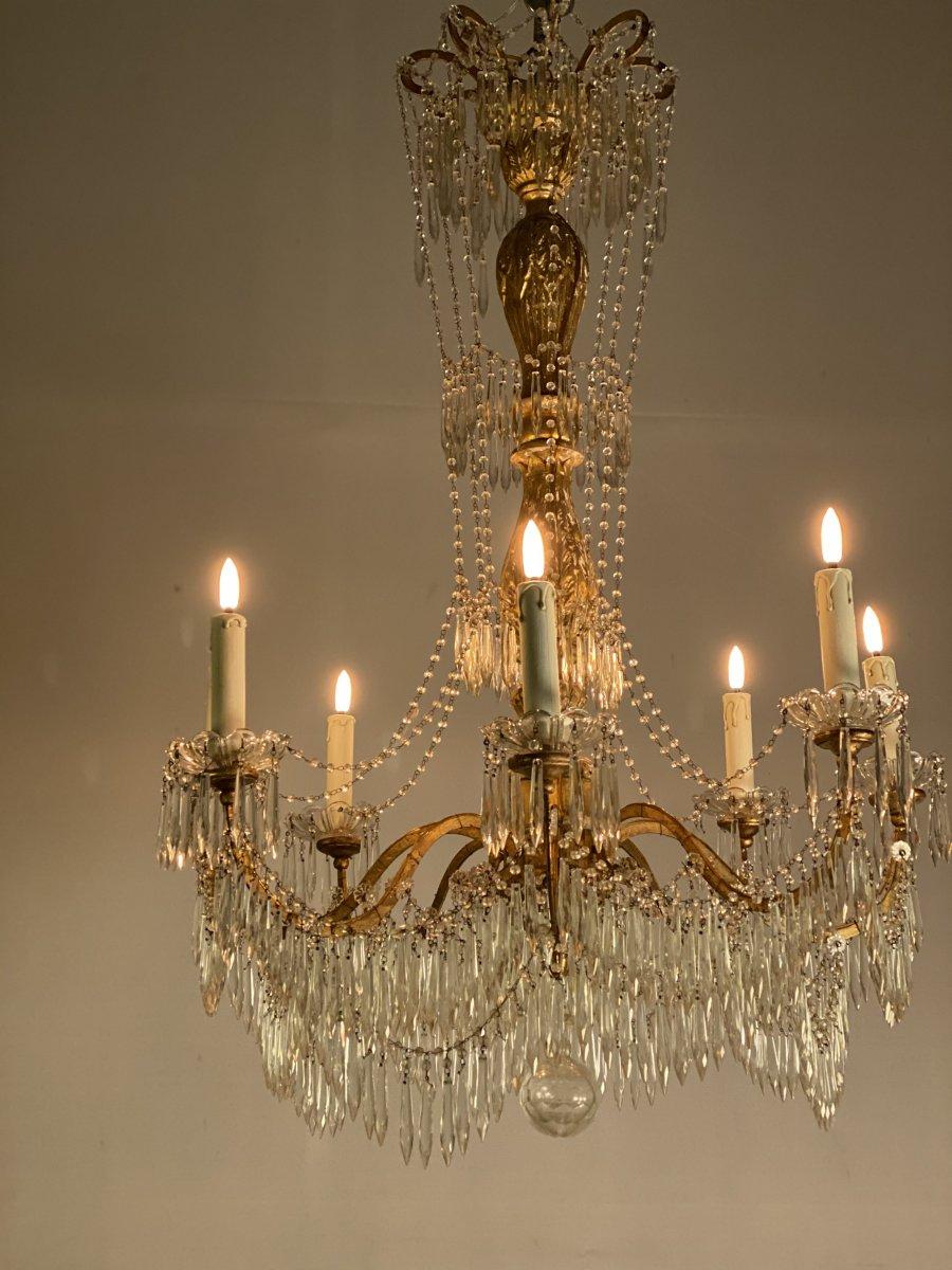 Chandelier 8 Arms of Light, Tassels and Golden Wood, Italy, Early 20th Century 2