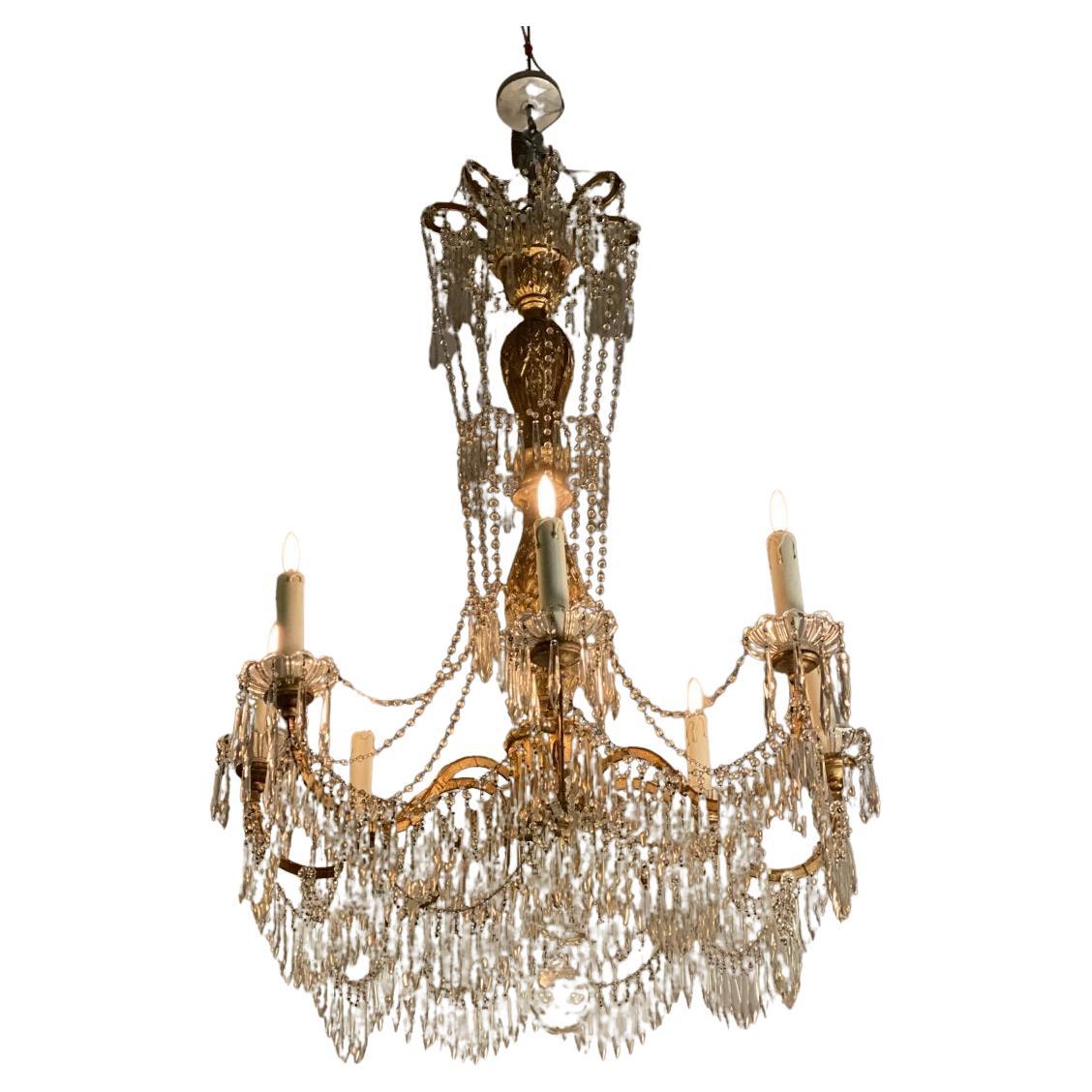 Chandelier 8 Arms of Light, Tassels and Golden Wood, Italy, Early 20th Century